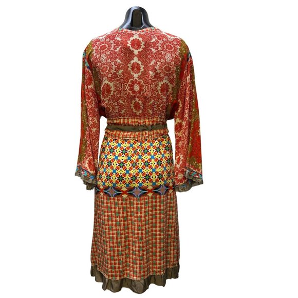 Johnny Was Red Multi-Print Long-Sleeve Silk Dress L - Picture 2 of 9
